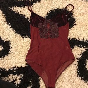 Burgundy mesh & velvet bodysuit